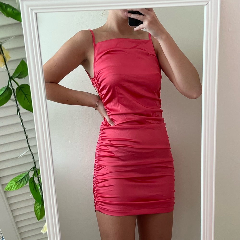 Open Back Pink Satin Mini Dress